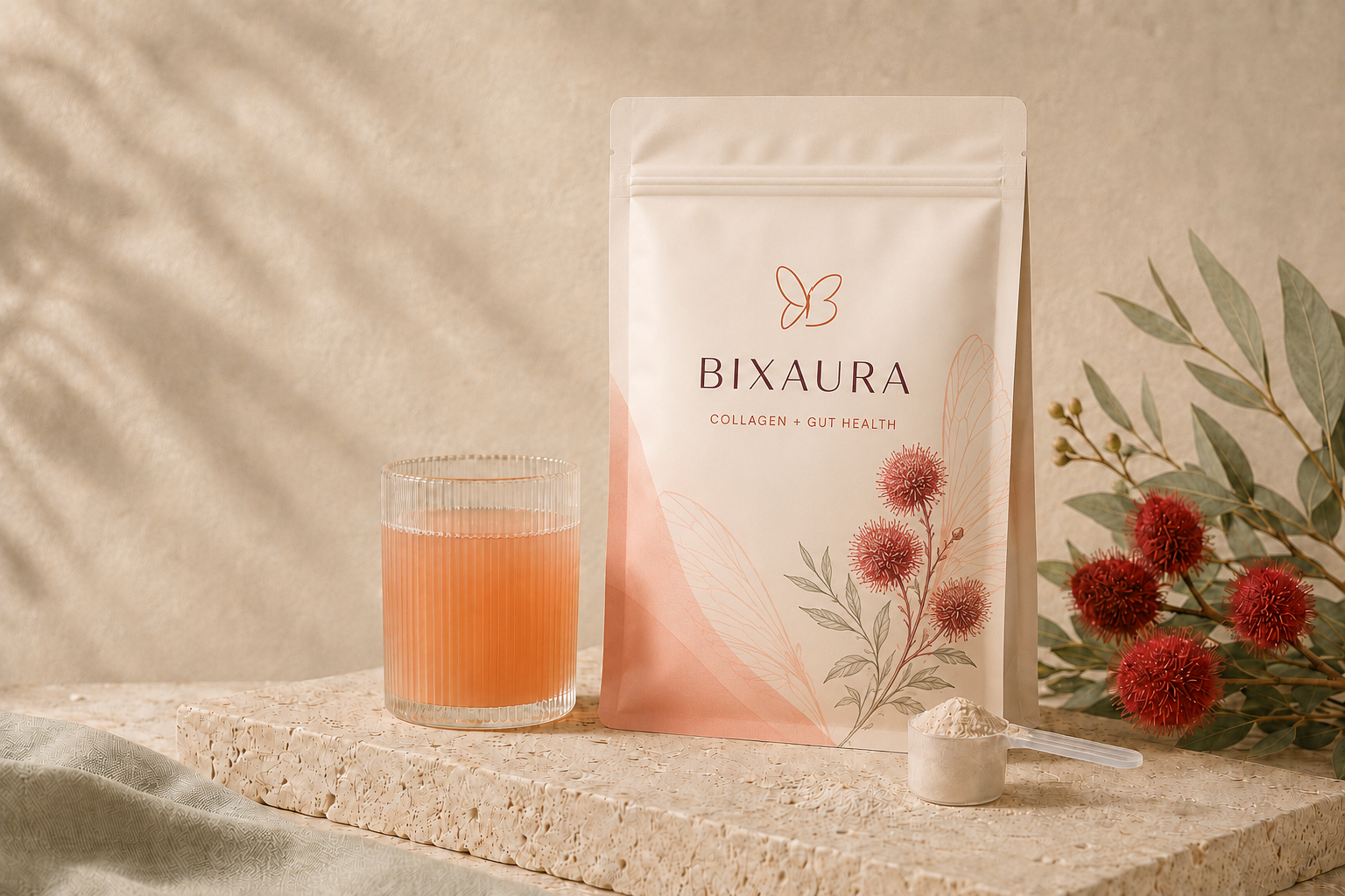 Bixaura Collagen and Gut Health powder with a peach wellness drink